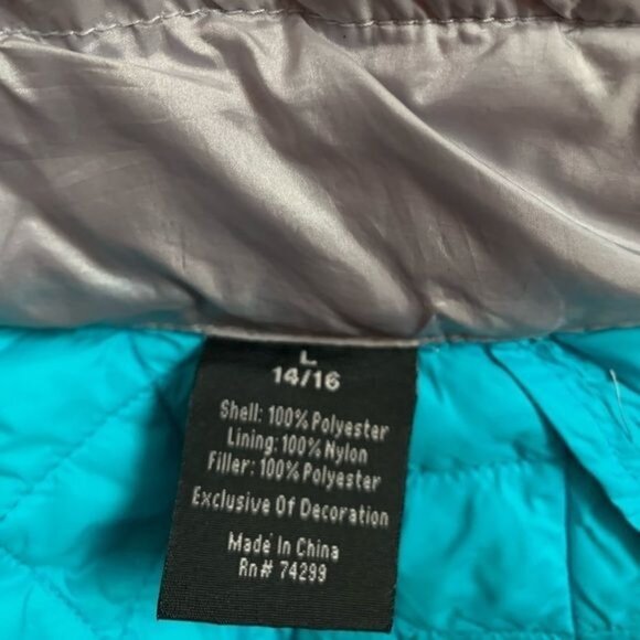 Girls L 14/16 Quilted Jacket Gray & Teal 100% Polyester Shell Nylon Lining Zip C - Picture 3 of 9